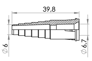 Small technical drawing of 09-739 Kunststoff schlauchverbinder  mit Schlauchstop für 6,3 mm (1/4") OD schlauch